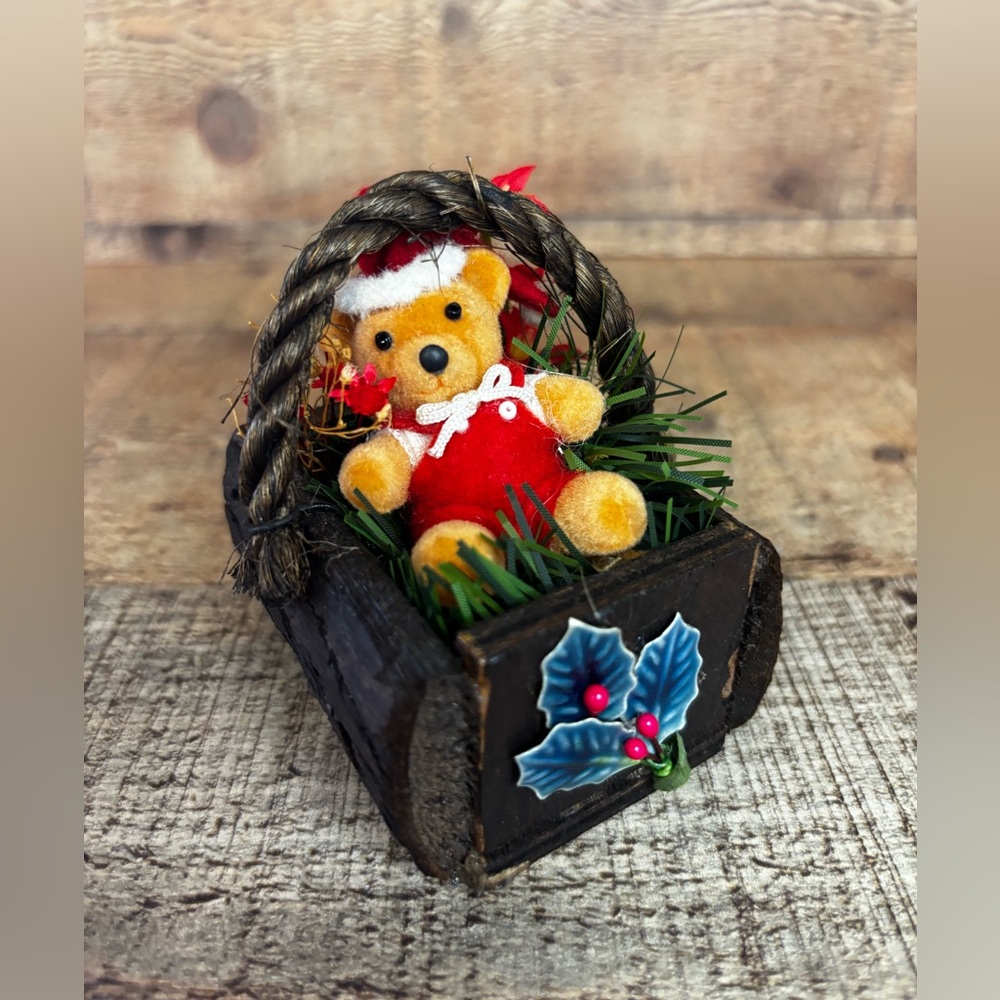 Vintage Flocked Teddy Bear Santa Wood Basket Christmas Ornament 3” Kitschy